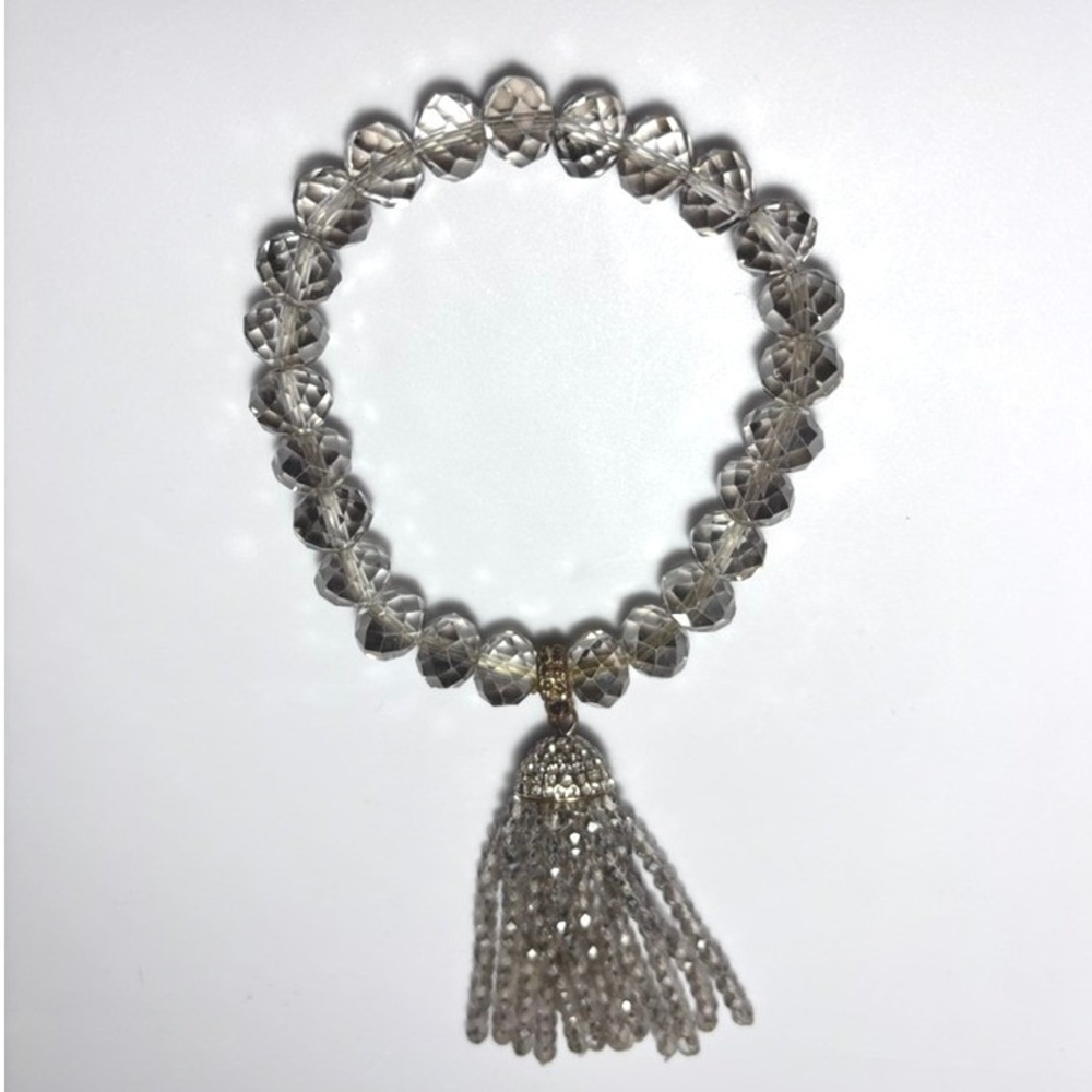 Clear Faceted Beaded Stretch Bracelet with Rhinestone Pave Beaded Tassel Charm